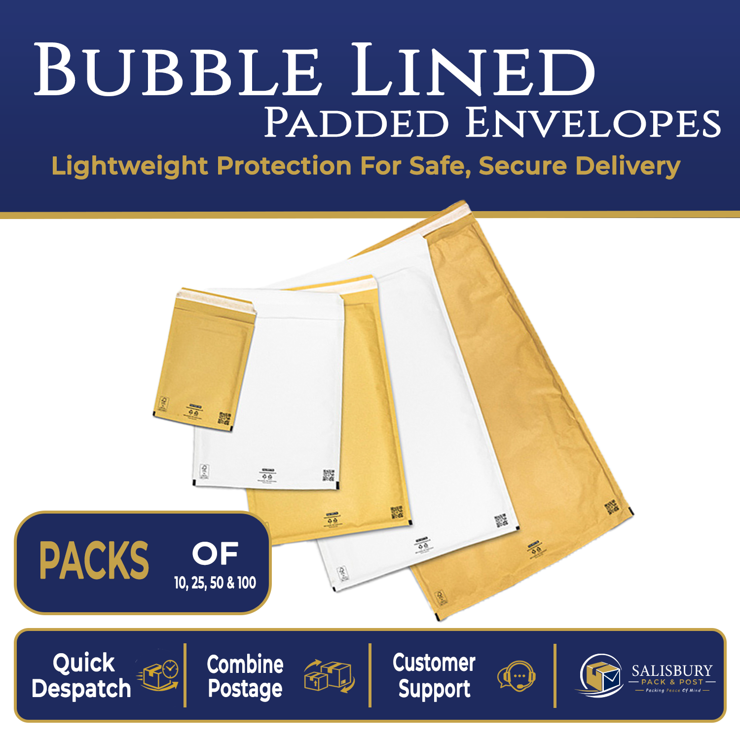 padded envelope bags – grouped size comparison showing internal dimensions 1–11 – Salisbury Pack & Post