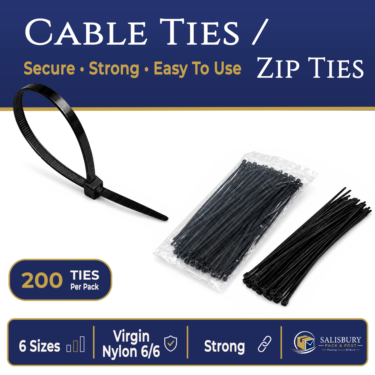 Cable Ties - Black - General Purpose Nylon - 250 x 4.6mm (200 Pack)