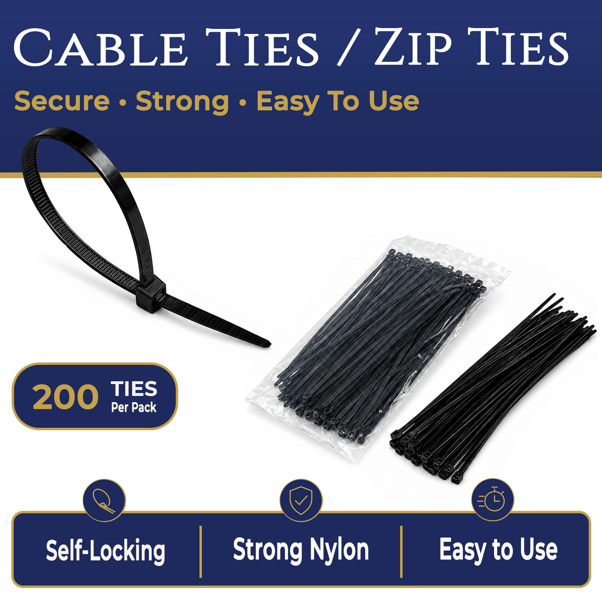 Cable Ties - Black - General Purpose Nylon - 250 x 4.6mm (200 Pack)