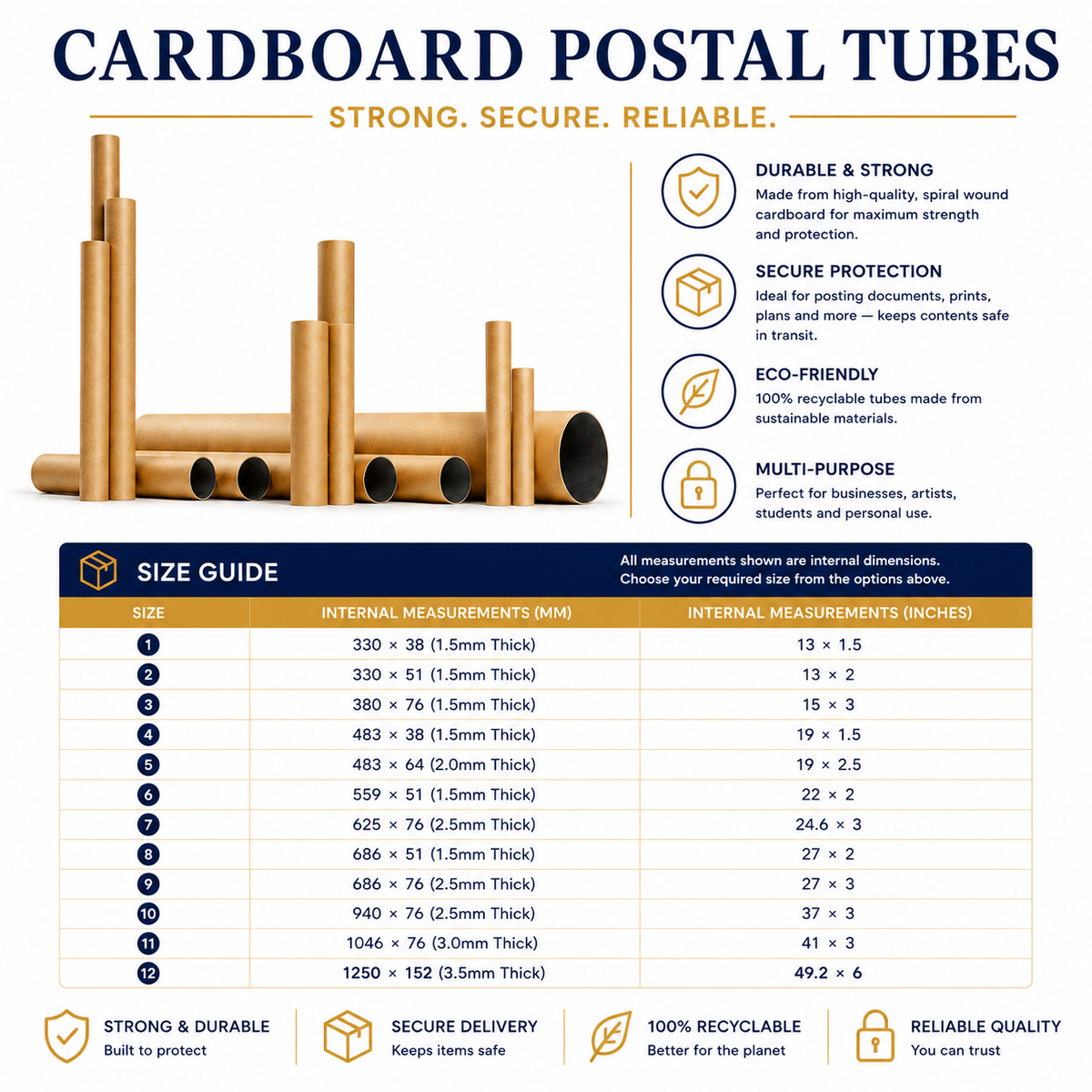 Cardboard postal tubes size guide showing durable mailing tubes in 12 sizes