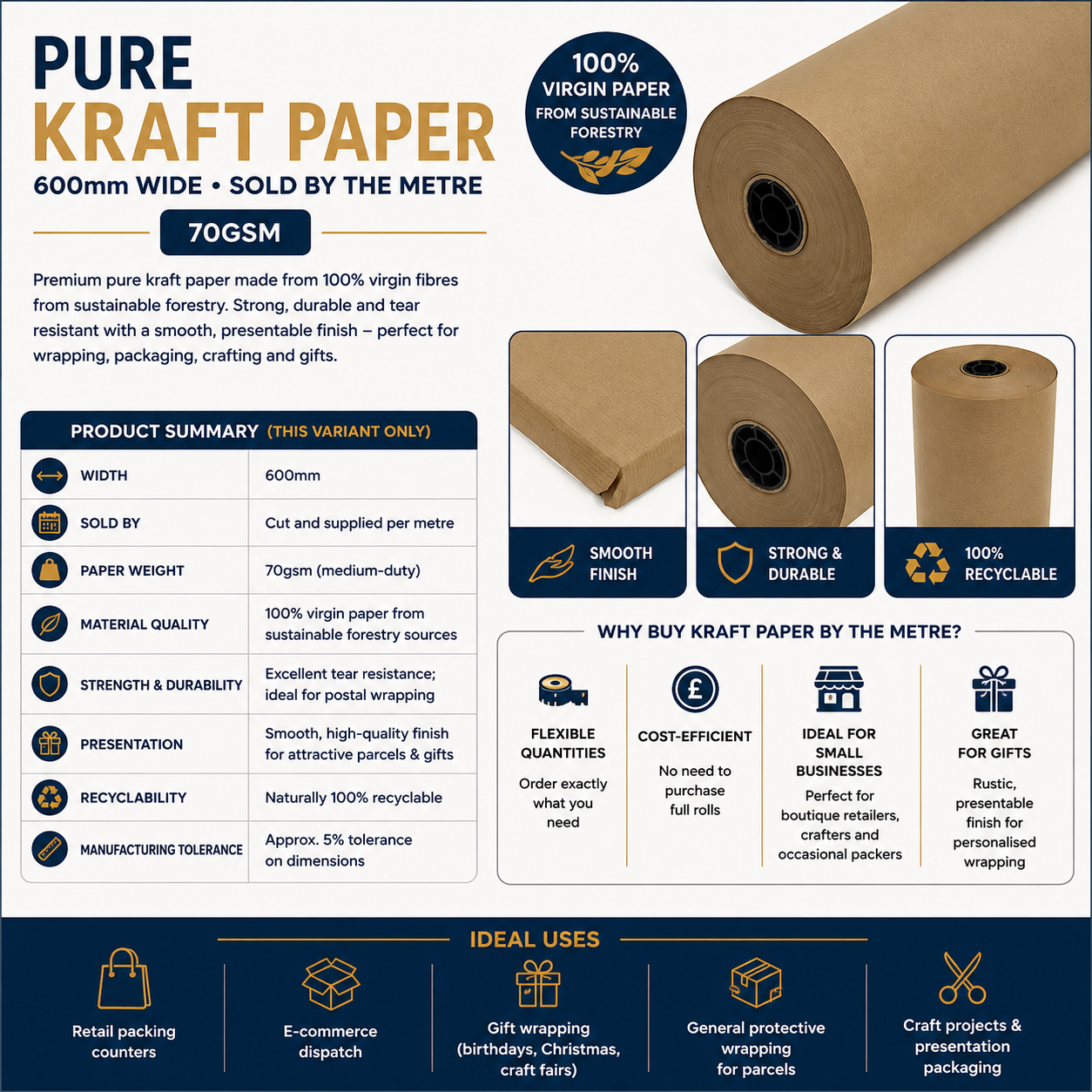 Pure kraft paper by the metre, 600mm wide and 70gsm