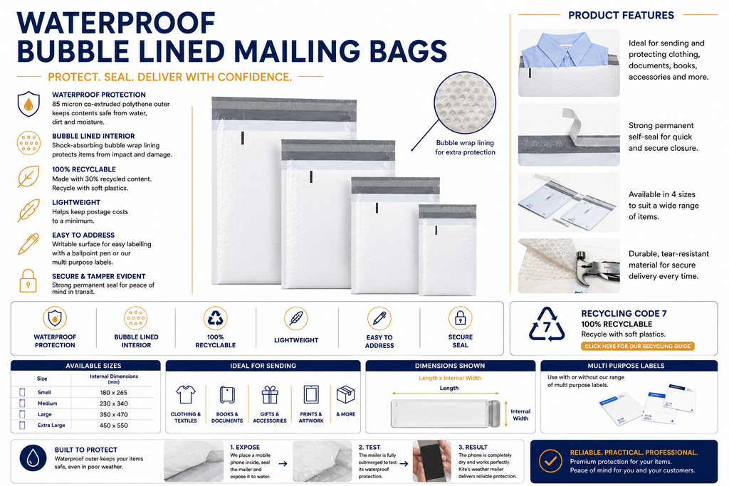 Waterproof Bubble-Lined Mailing Bags – 85 Micron - Size 1-4