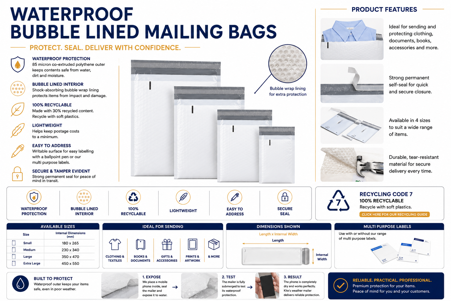 Waterproof Bubble-Lined Mailing Bags – 85 Micron - Size 1-4