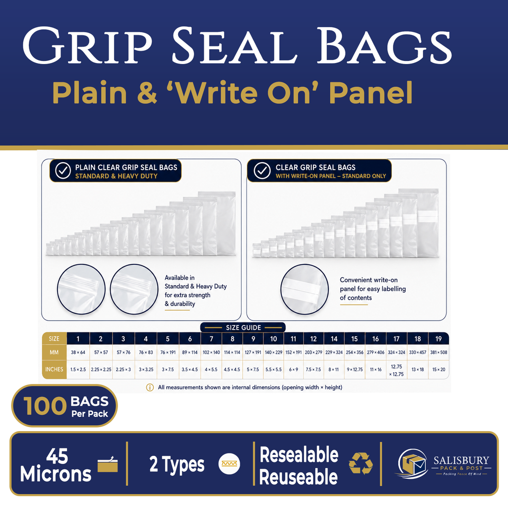 Grip seal bags available in 19 sizes with plain and write on panel options