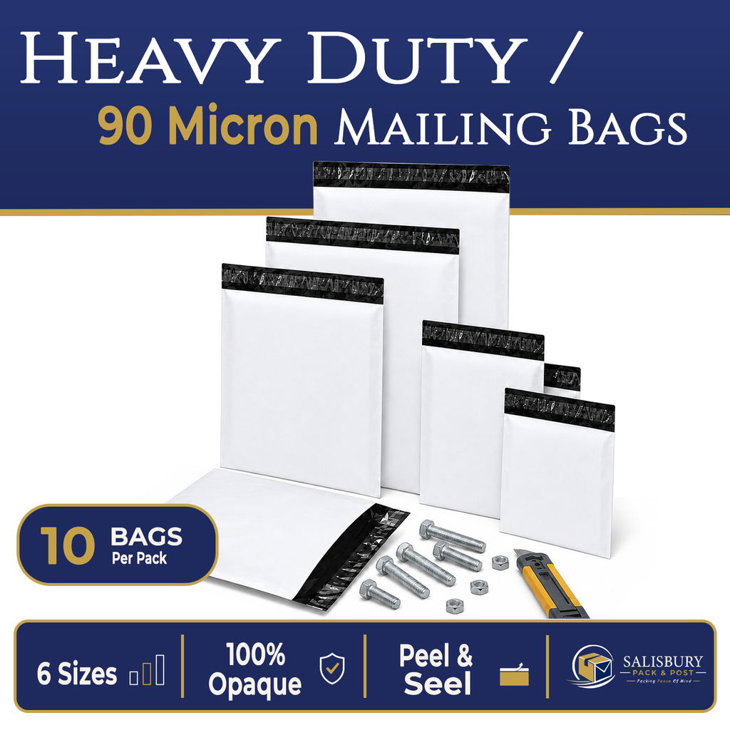heavy duty mailing bags – full size range 1–6 showing 100% opaque off‑white finish – Salisbury Pack & Post