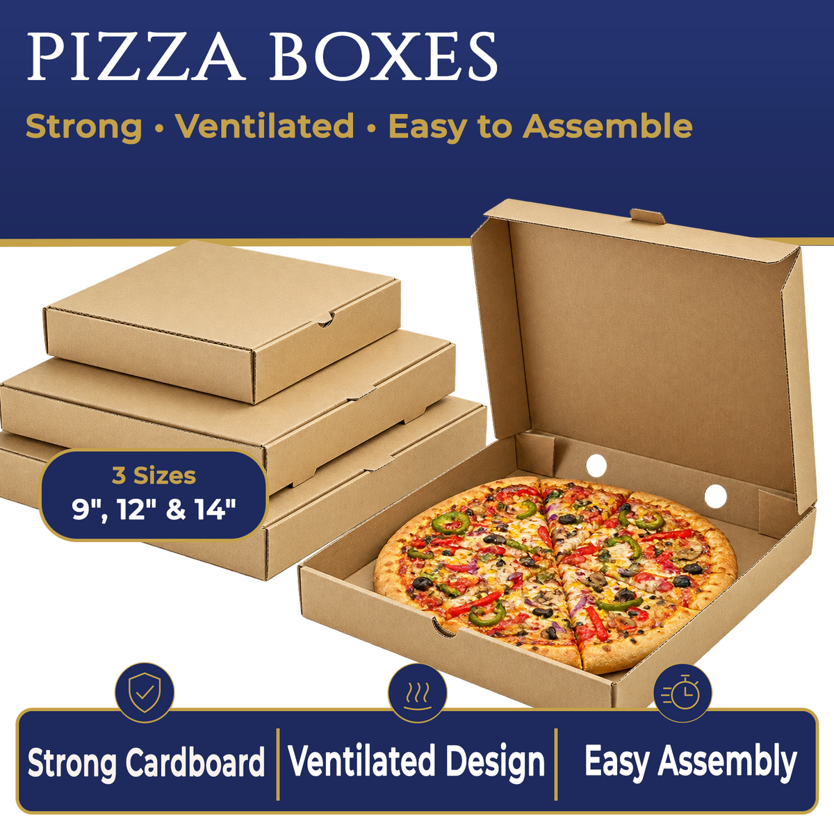 Pizza Boxes | Kraft E‑Flute – 9”, 12”, 14”