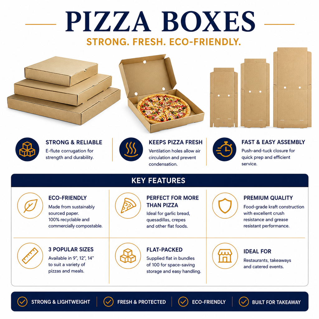 pizza boxes – printed kraft E‑flute box with premium branding and crush resistance – Salisbury Pack & Post