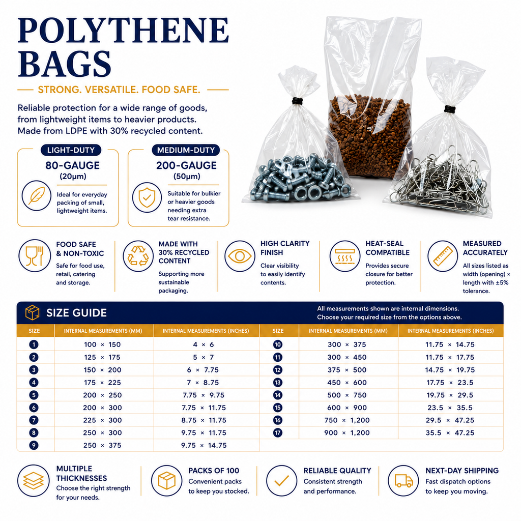 Clear LDPE polythene bags available in 20 and 50 micron thicknesses in 17 sizes