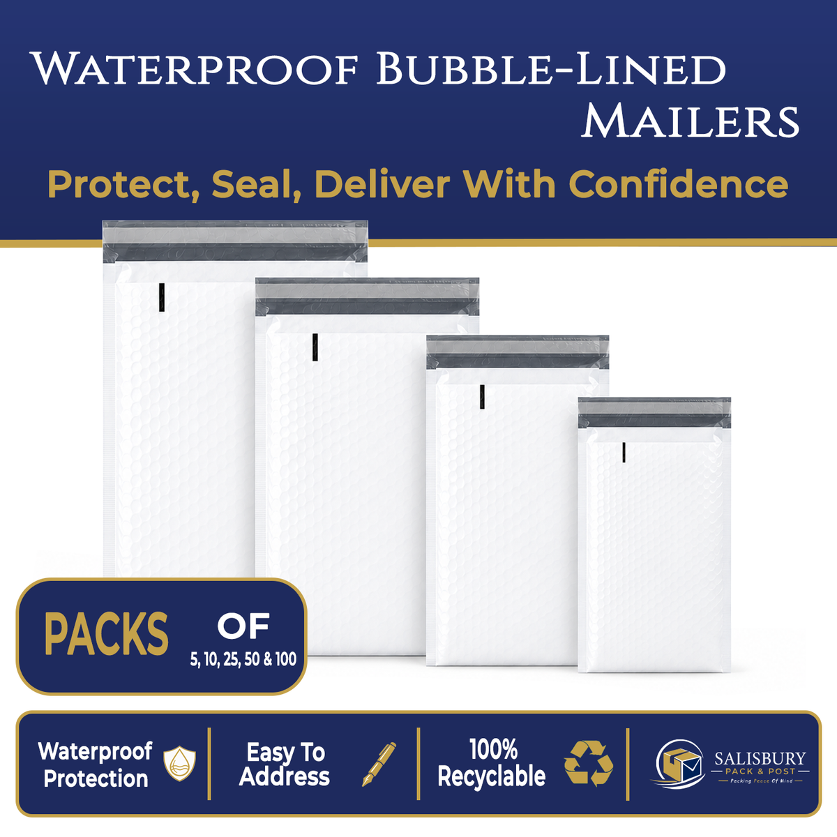Bubble lined mailing bags with waterproof 85 micron outer in sizes 1 to 4