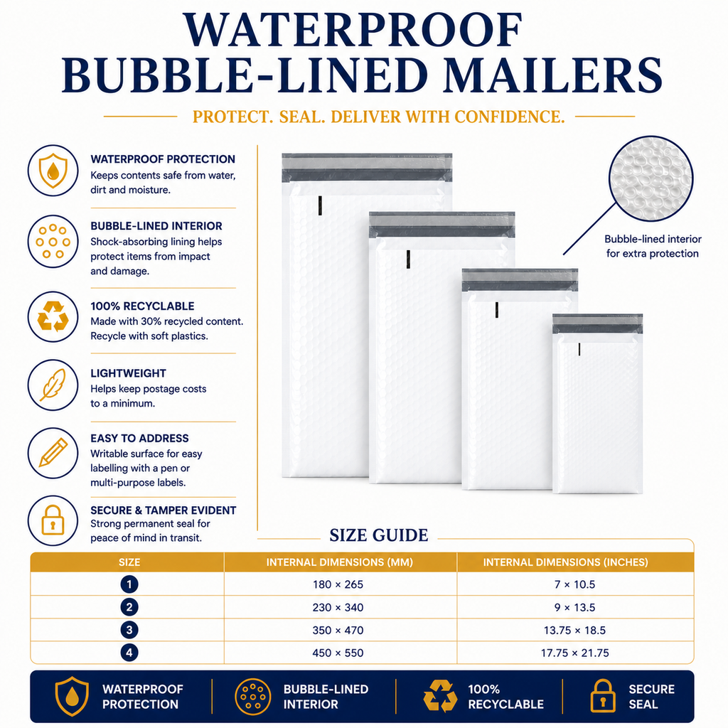 Bubble lined mailing bags with waterproof 85 micron outer in sizes 1 to 4