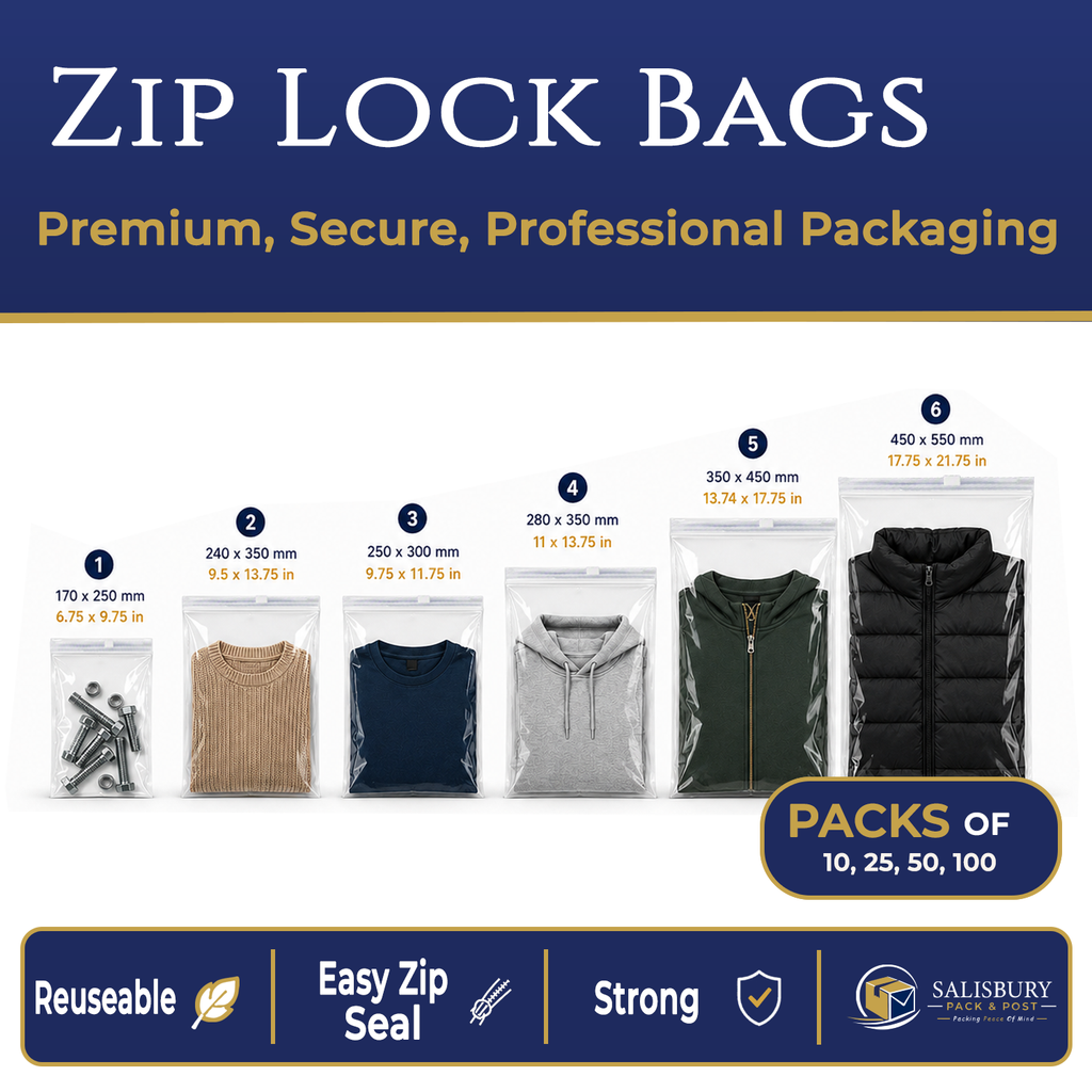 zip lock bags – full size range 1–6 clear and frosted comparison layout – Salisbury Pack & Post