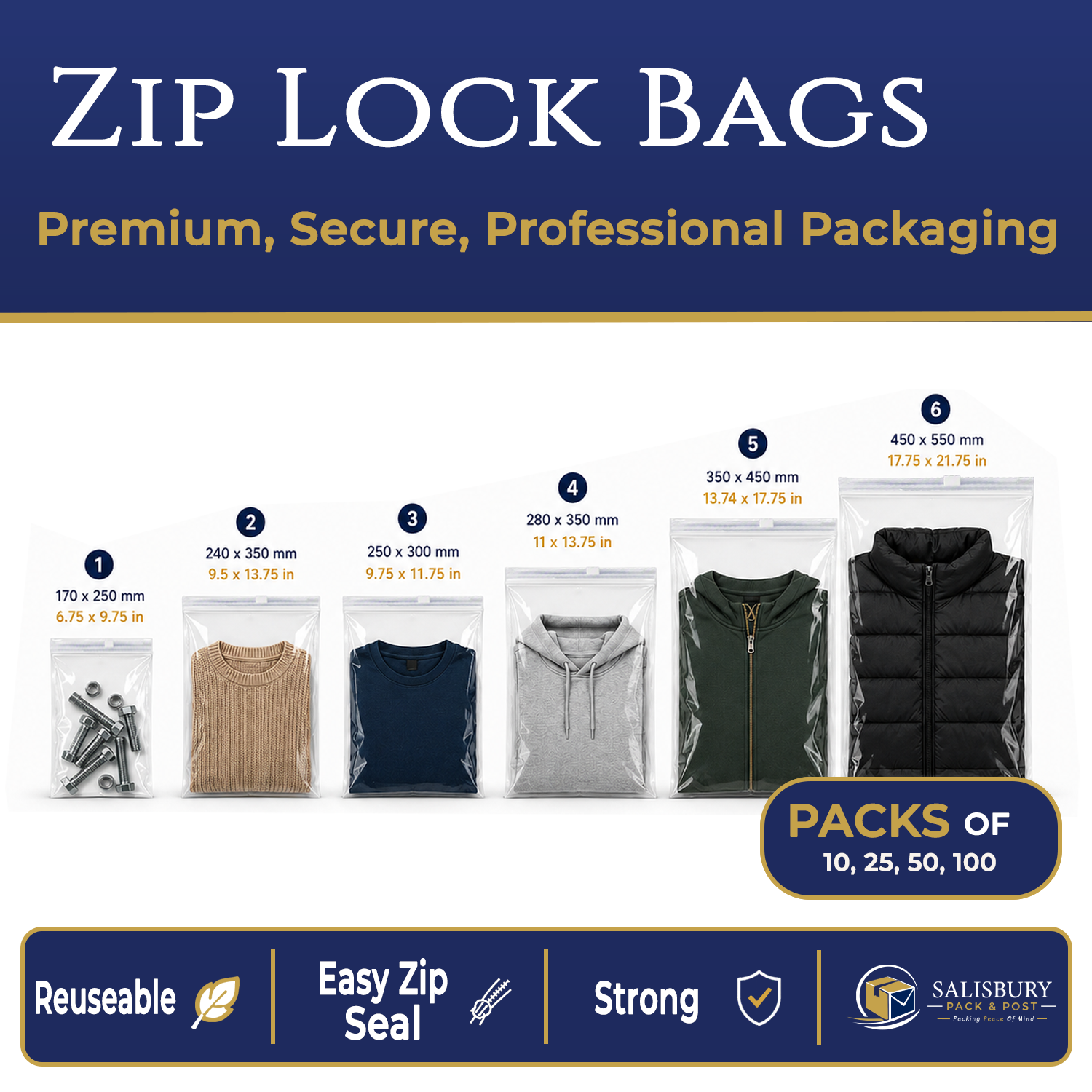 zip lock bags – full size range 1–6 clear and frosted comparison layout – Salisbury Pack & Post